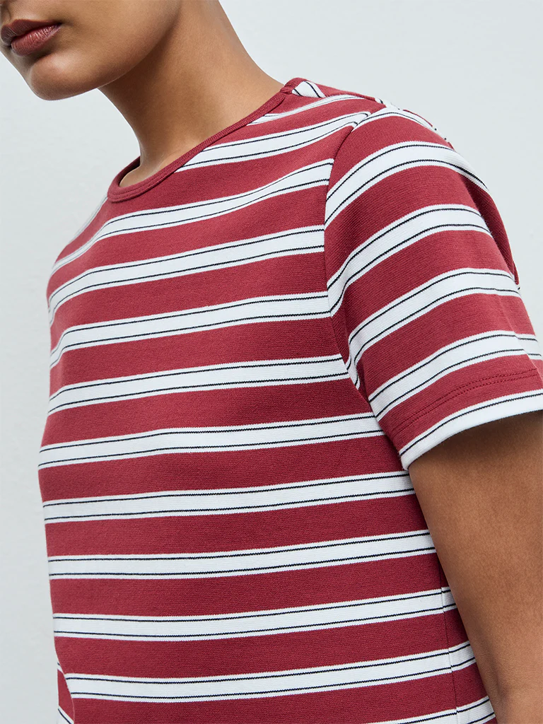 Wardrobe Burgundy Striped Cotton-Blend T-Shirt - Image 3