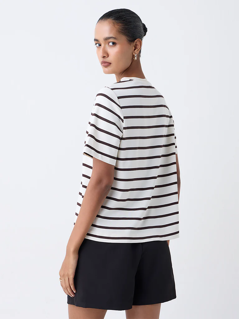 Wardrobe Cream Stripe Pattern Cotton T-Shirt - Image 4