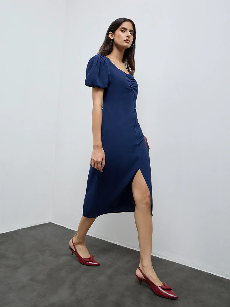 Wardrobe Dark Blue Crinkle-Textured A-Line Dress