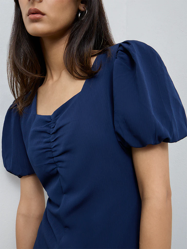 Wardrobe Dark Blue Crinkle-Textured A-Line Dress - Image 3