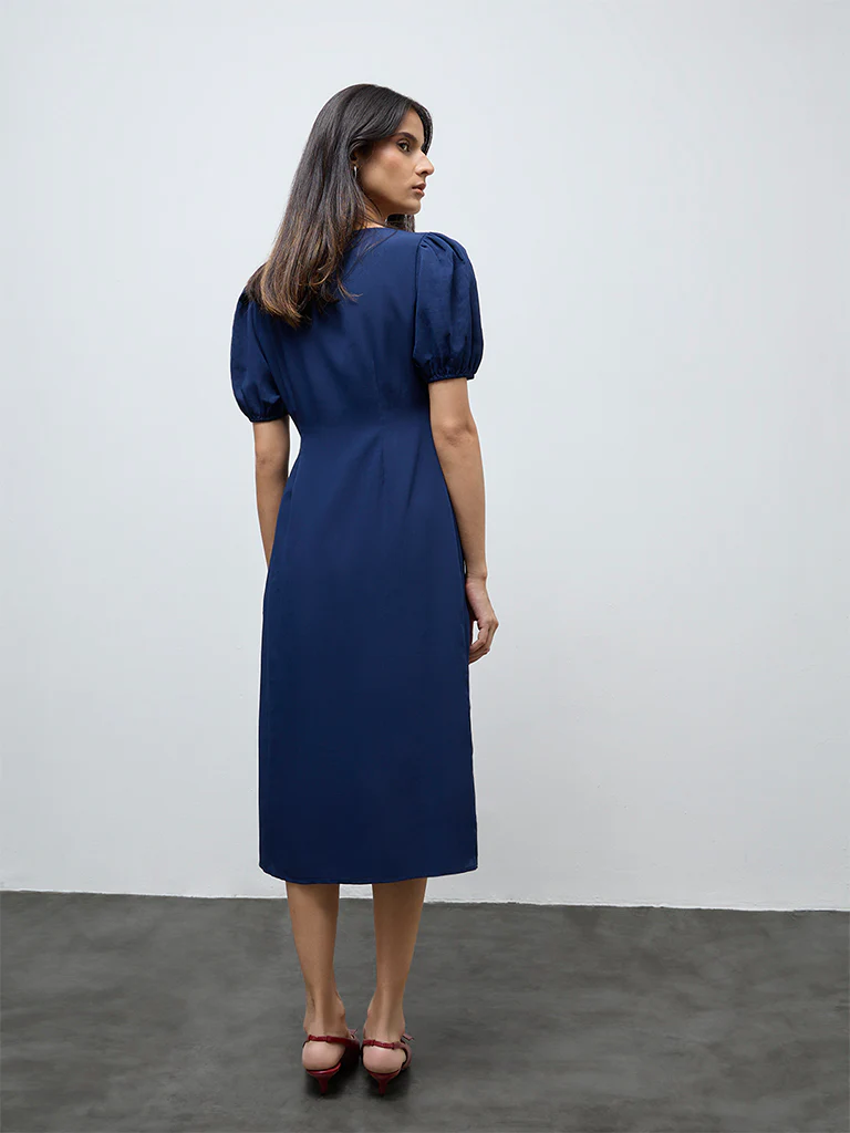 Wardrobe Dark Blue Crinkle-Textured A-Line Dress - Image 4