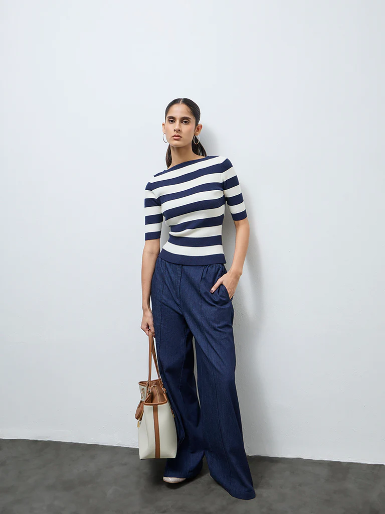Wardrobe Dark Blue Stripe Printed Blouse