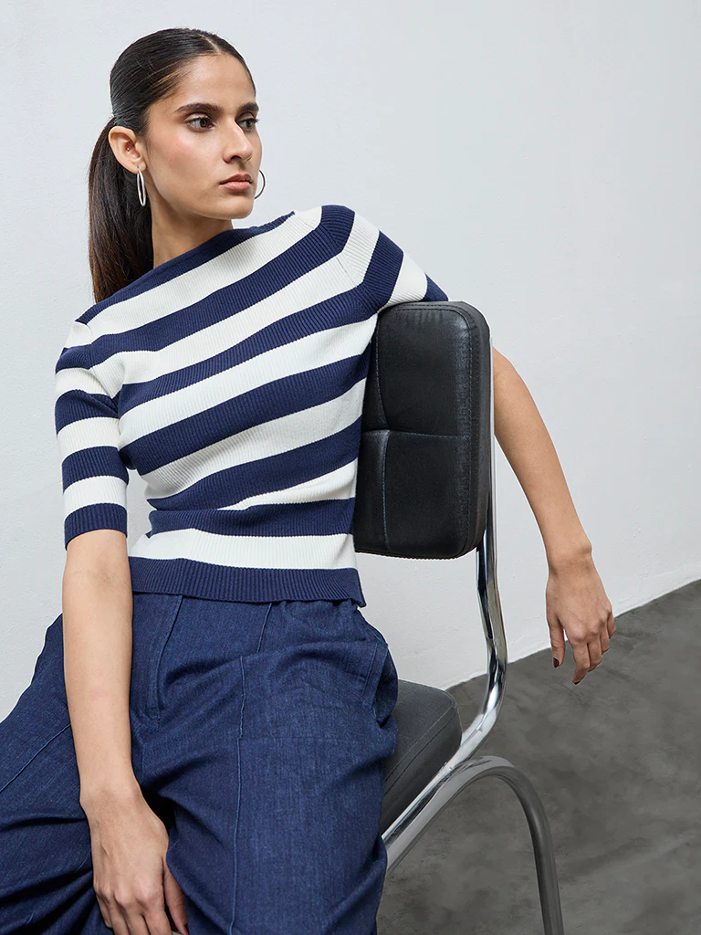 Wardrobe Dark Blue Stripe Printed Blouse - Image 2