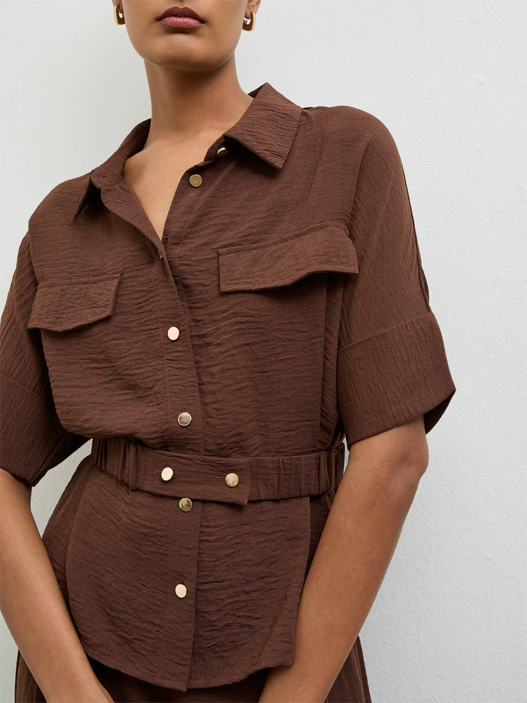 Wardrobe Dark Brown Crinkle-Textured Blouse - Image 3