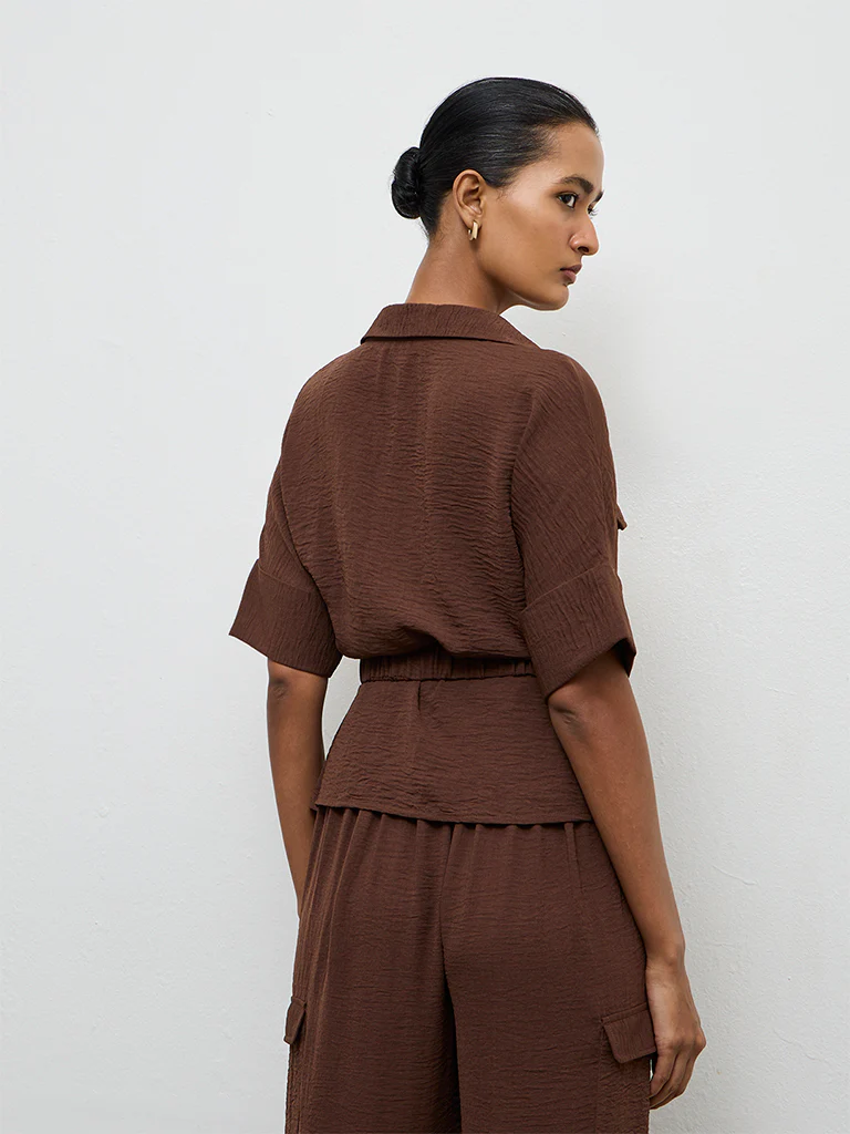 Wardrobe Dark Brown Crinkle-Textured Blouse - Image 4