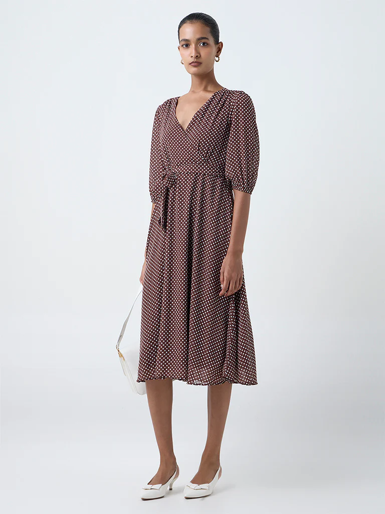 Wardrobe Dark Brown Polka Dot Wrap-Style Dress with Belt - Image 2
