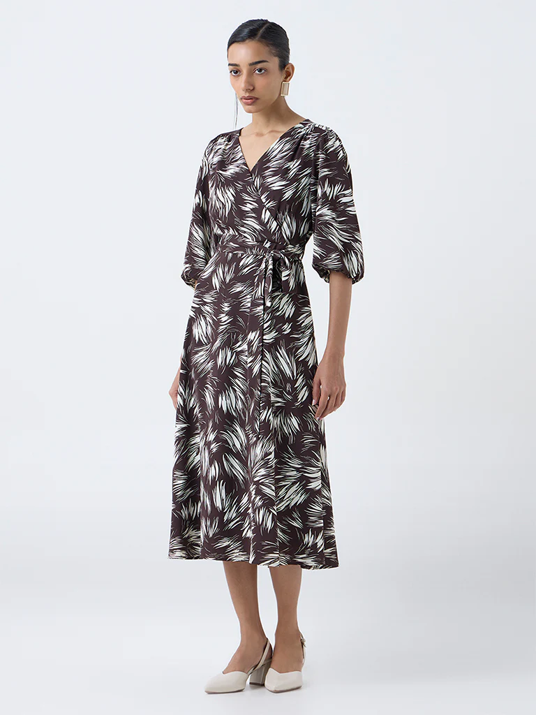 Wardrobe Dark Brown Printed Wrap-Style Dress with Belt - Image 2