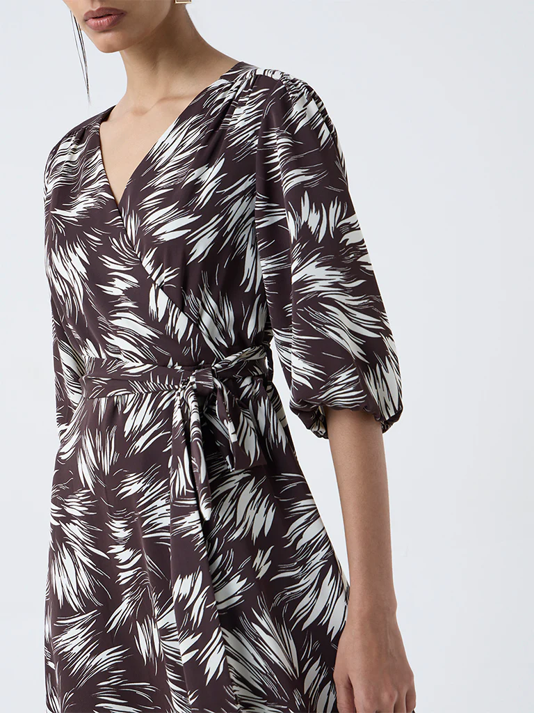Wardrobe Dark Brown Printed Wrap-Style Dress with Belt - Image 3