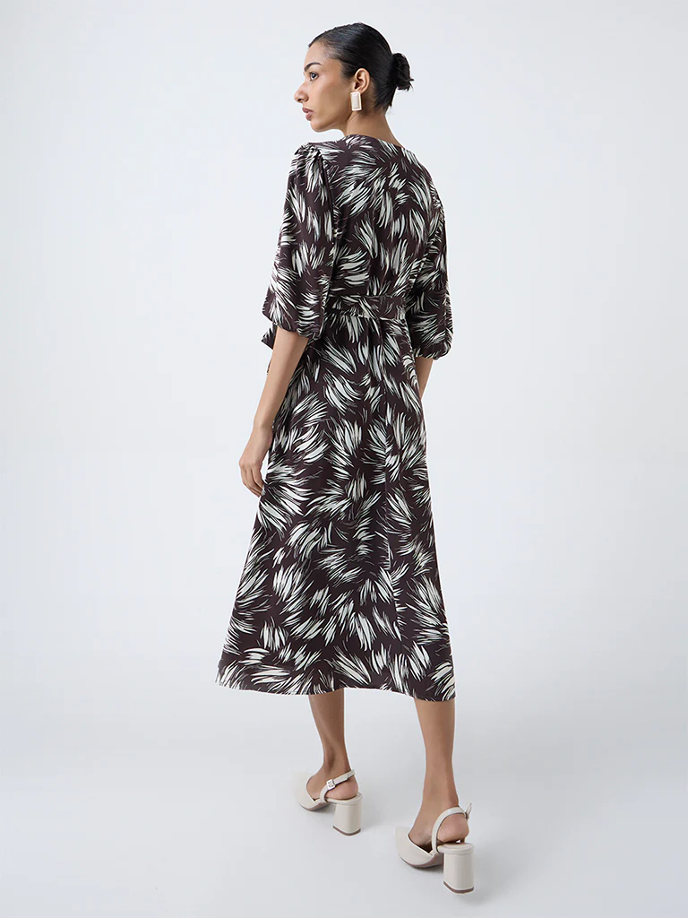 Wardrobe Dark Brown Printed Wrap-Style Dress with Belt - Image 4