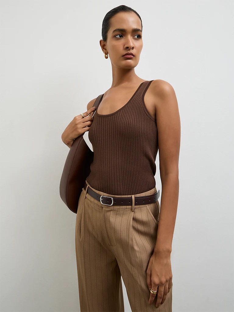 Wardrobe Dark Brown Ribbed Tank Top - Image 2