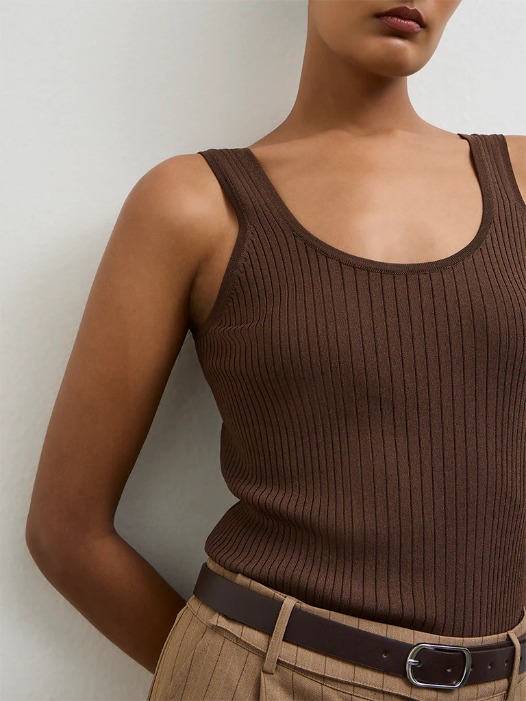 Wardrobe Dark Brown Ribbed Tank Top - Image 3