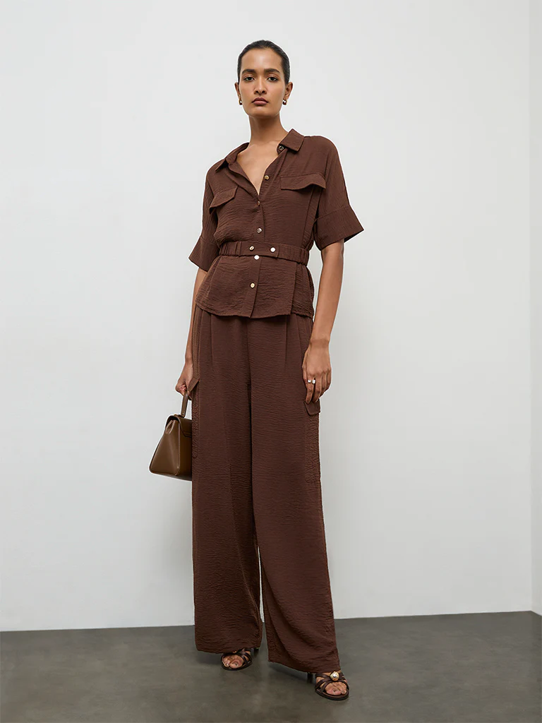 Wardrobe Dark Brown Textured High-Rise Trousers
