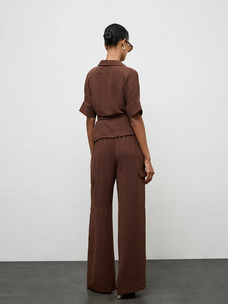 Wardrobe Dark Brown Textured High-Rise Trousers - Image 4