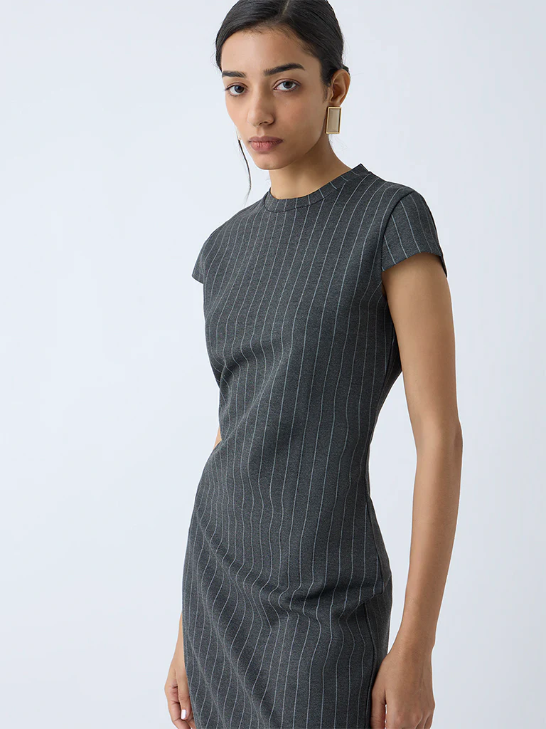 Wardrobe Dark Grey Pinstriped Straight Dress - Image 4
