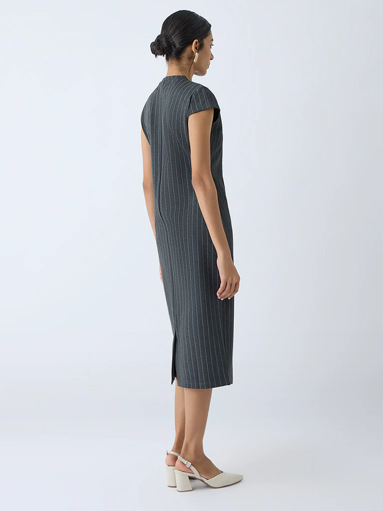 Wardrobe Dark Grey Pinstriped Straight Dress - Image 5