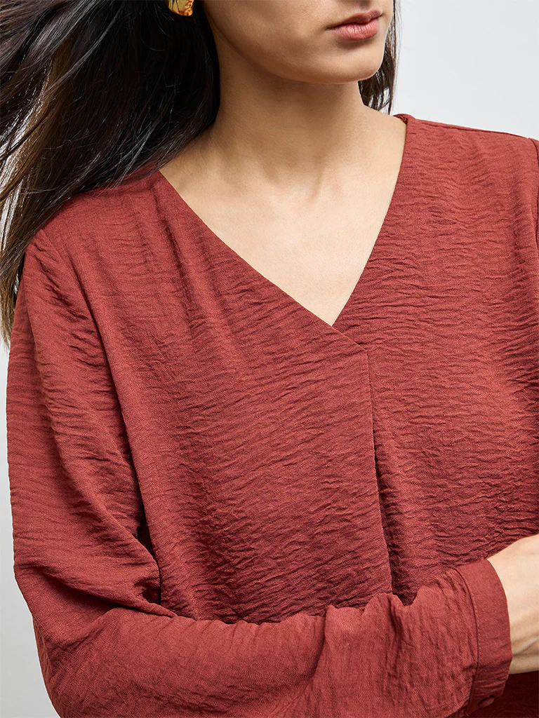 Wardrobe Dark Rust Crinkle-Texture Blouse - Image 3