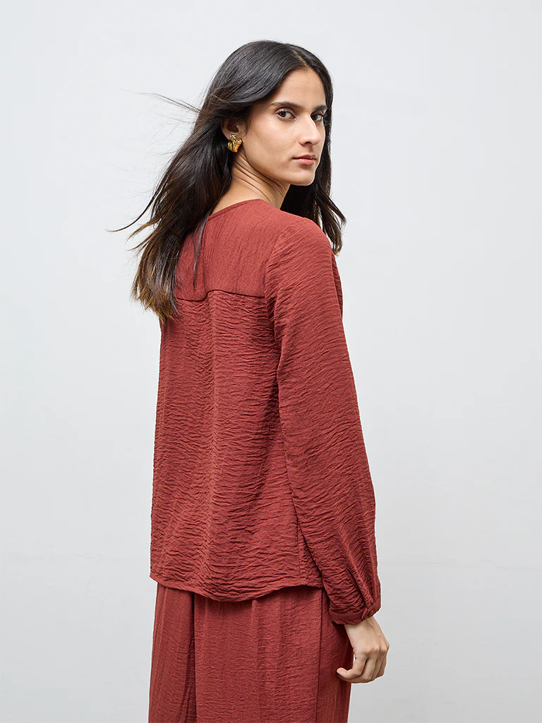 Wardrobe Dark Rust Crinkle-Texture Blouse - Image 4