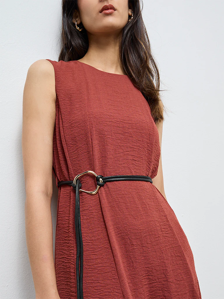 Wardrobe Dark Rust Crinkle-Textured A-Line Dress with Belt - Image 3
