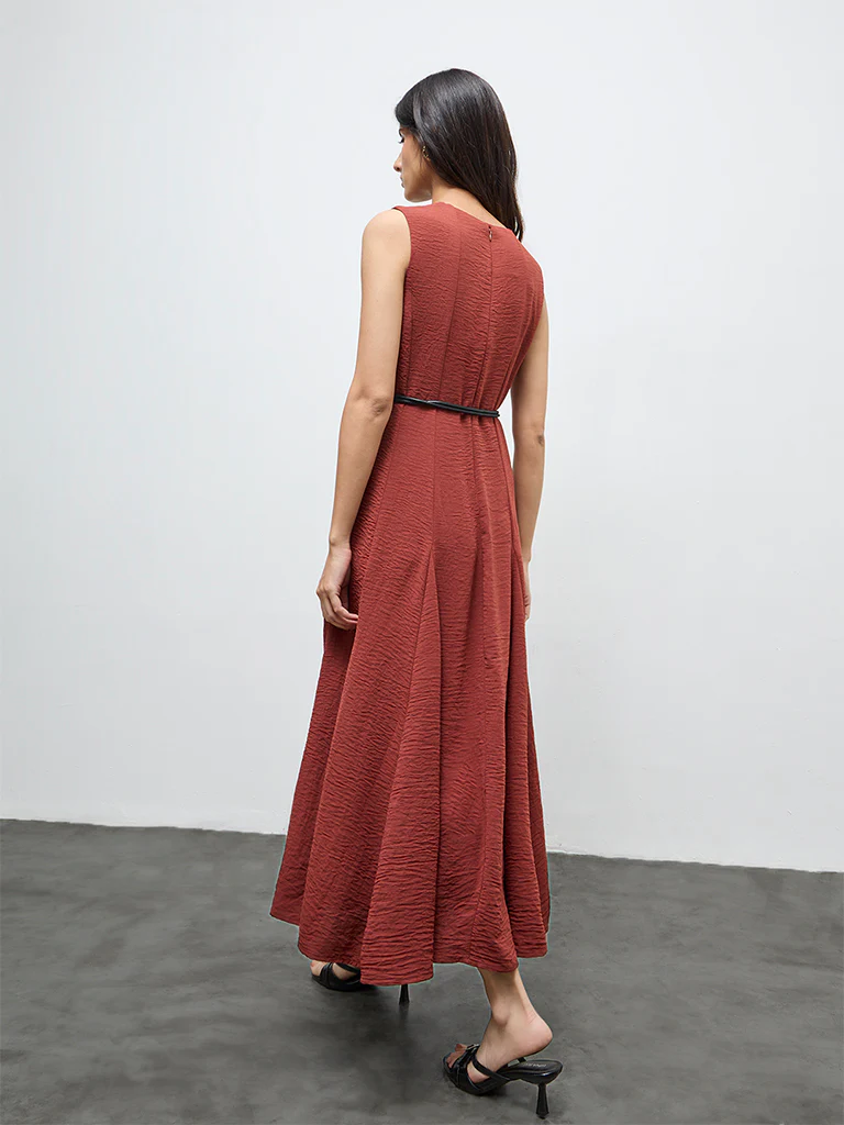 Wardrobe Dark Rust Crinkle-Textured A-Line Dress with Belt - Image 4