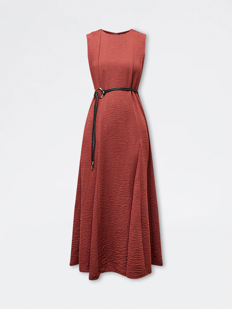 Wardrobe Dark Rust Crinkle-Textured A-Line Dress with Belt - Image 5