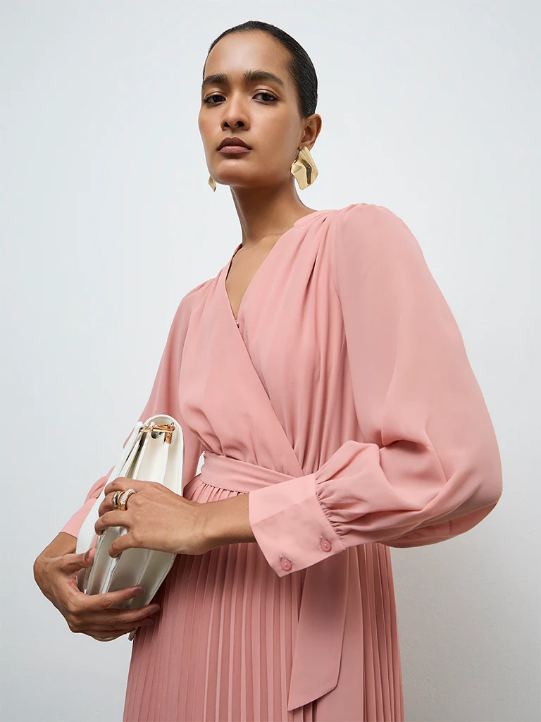 Wardrobe Dusty Pink Pleated A-Line Dress with a Belt - Image 3