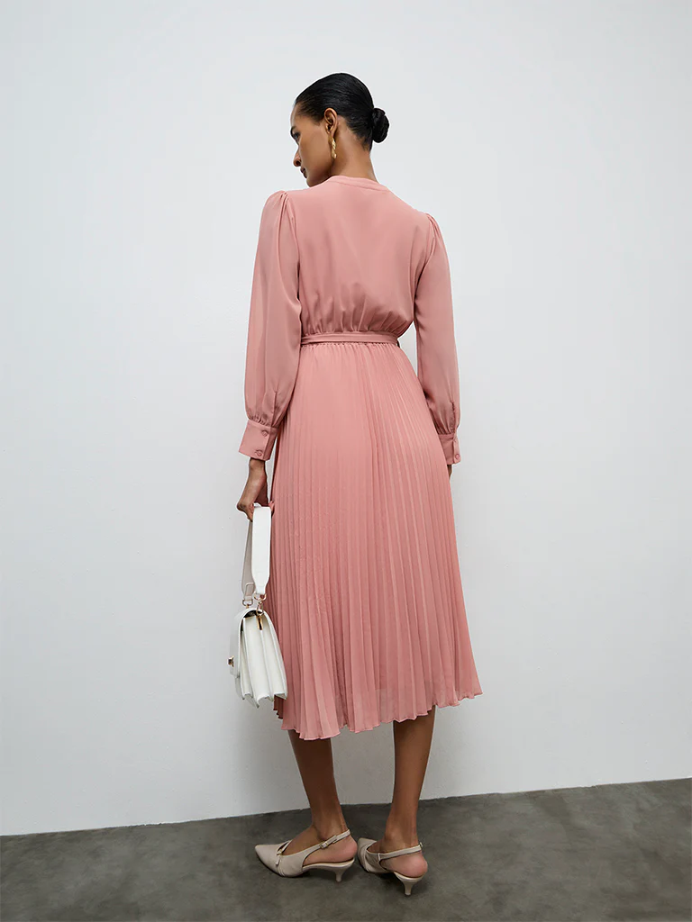 Wardrobe Dusty Pink Pleated A-Line Dress with a Belt - Image 4