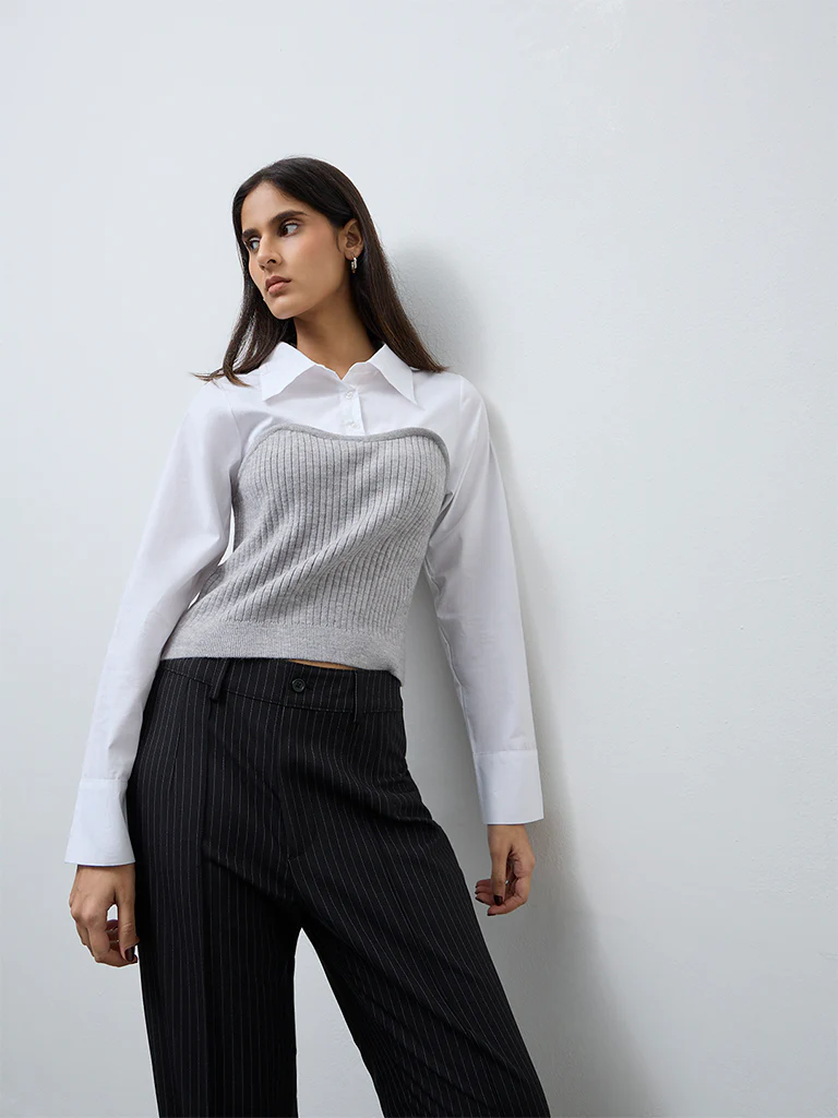 Wardrobe Grey Layered Ribbed Cotton Blouse