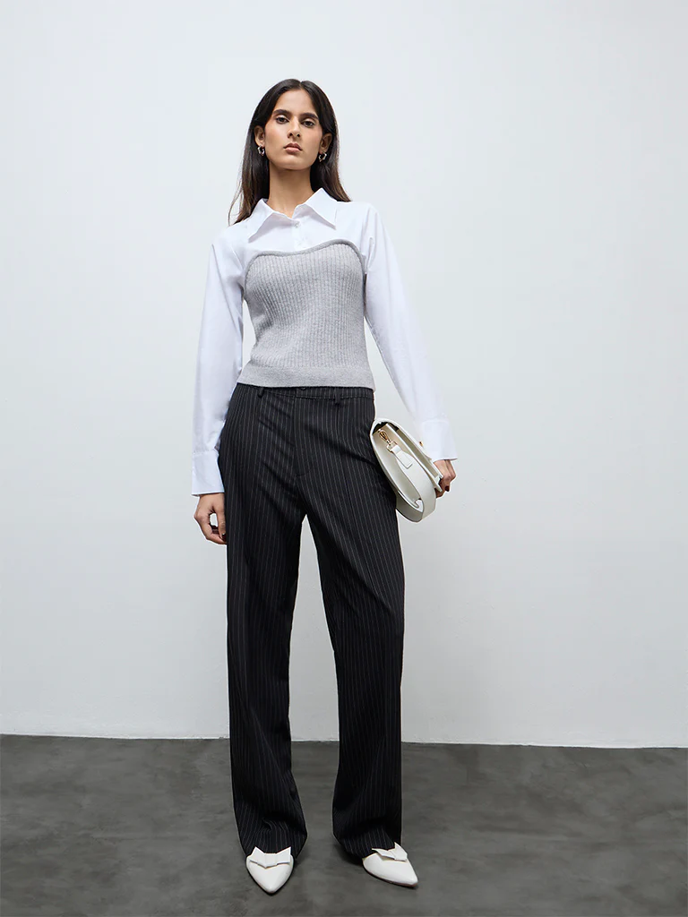 Wardrobe Grey Layered Ribbed Cotton Blouse - Image 2