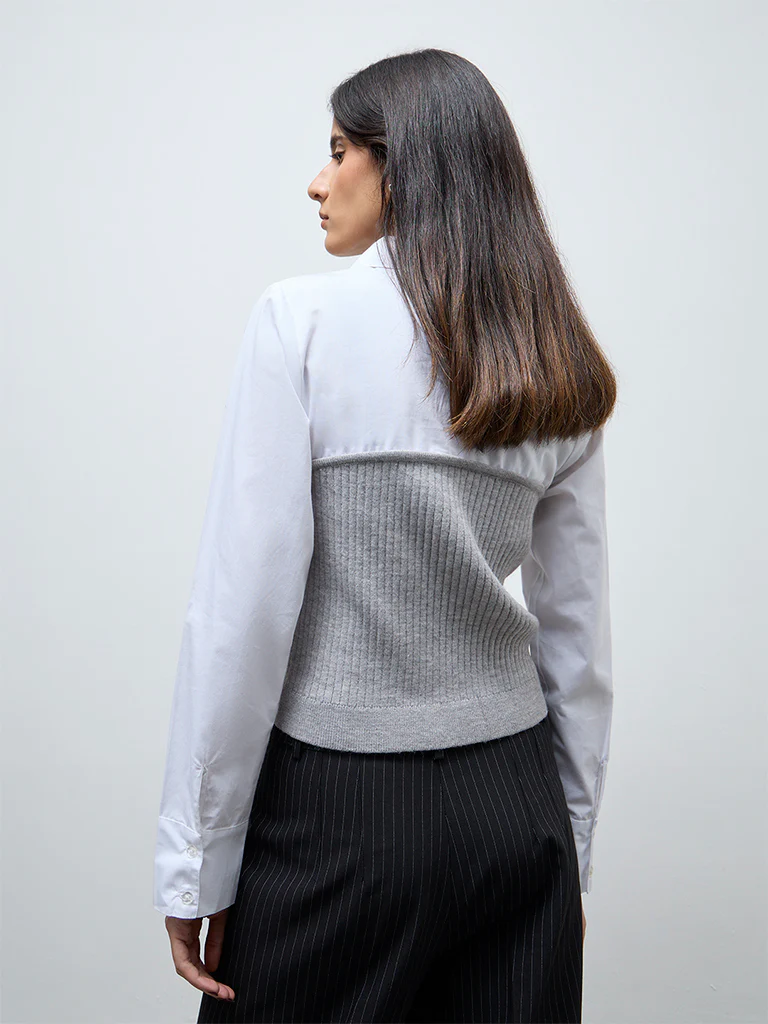 Wardrobe Grey Layered Ribbed Cotton Blouse - Image 4