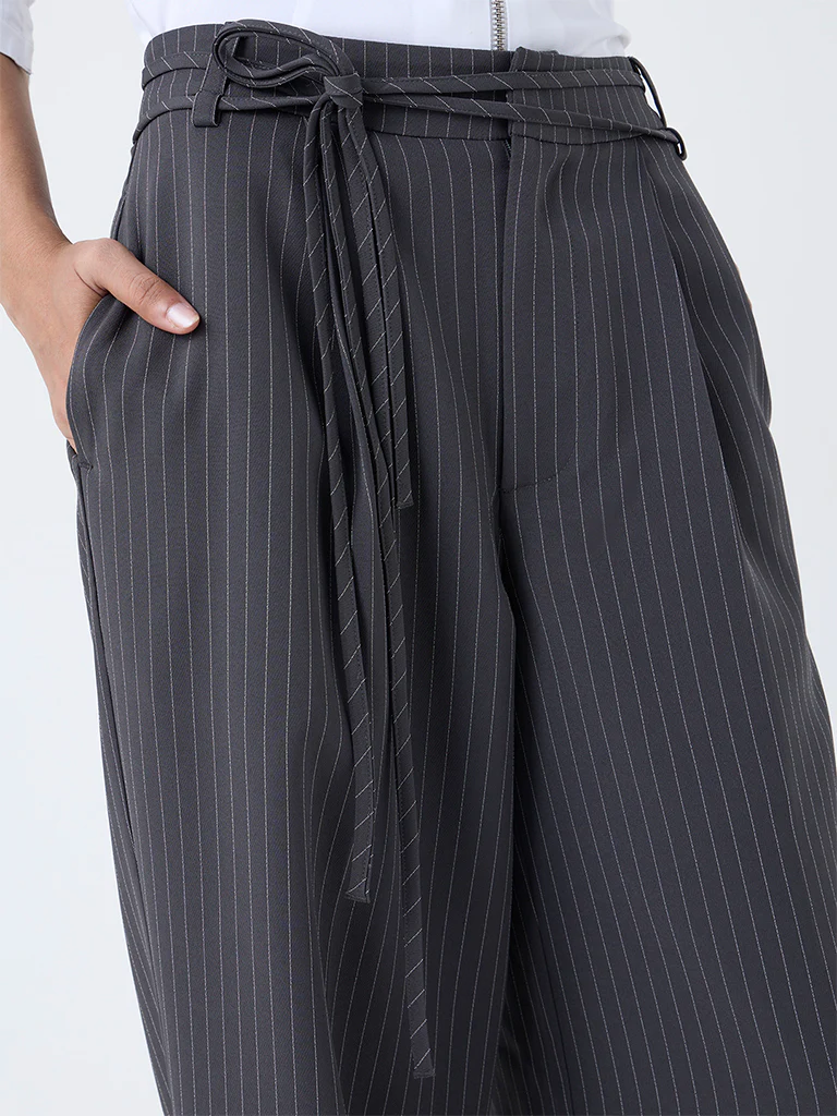 Wardrobe Grey Pinstriped High-Rise Trousers - Image 3