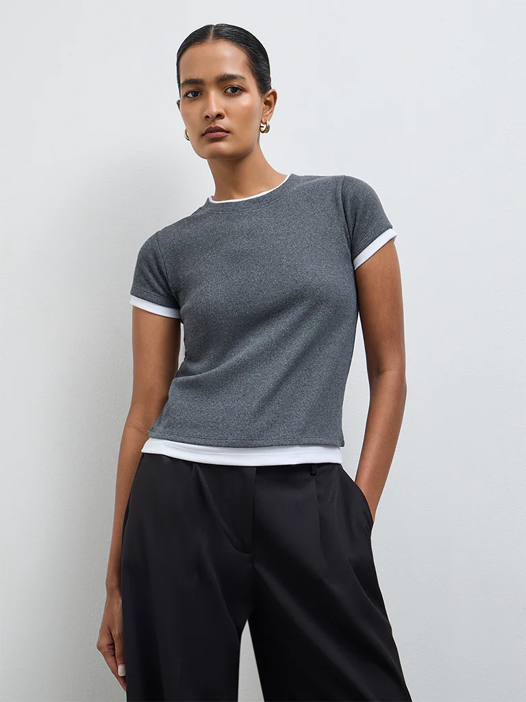Wardrobe Grey Ribbed-Textured T-Shirt