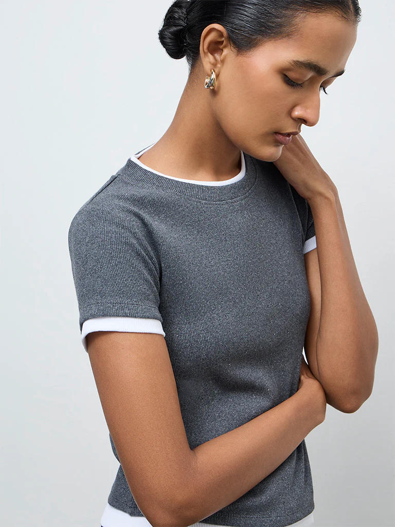 Wardrobe Grey Ribbed-Textured T-Shirt - Image 3