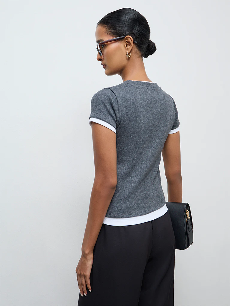 Wardrobe Grey Ribbed-Textured T-Shirt - Image 4