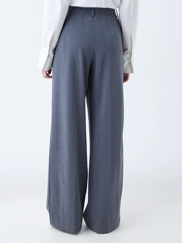 Wardrobe Grey Self-Striped High-Rise Trousers - Image 4