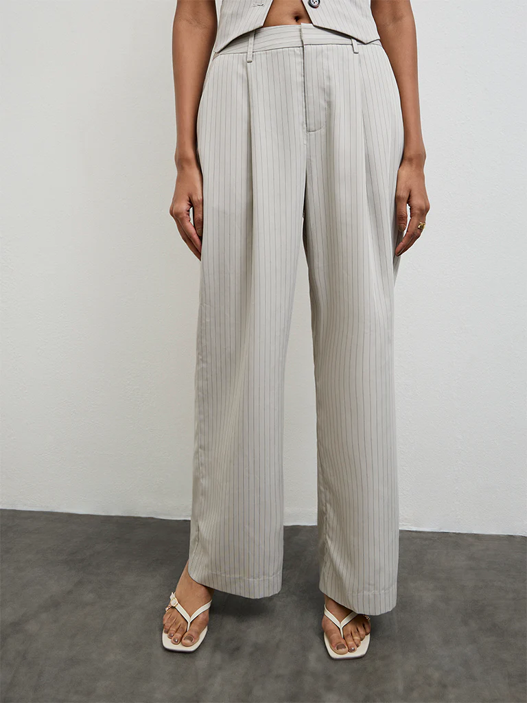Wardrobe Grey Striped High-Rise Trousers - Image 2