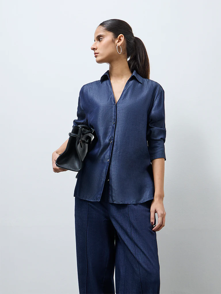 Wardrobe Indigo Solid Cotton Blouse