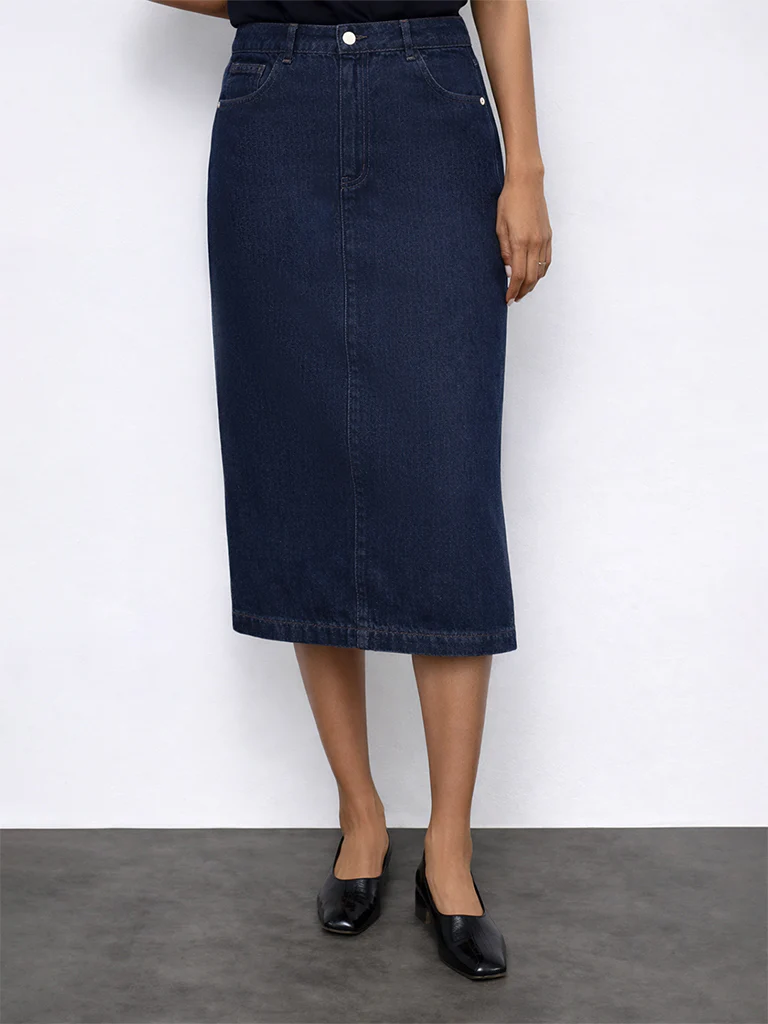 Wardrobe Indigo Solid High-Rise Denim A-Line Skirt - Image 2