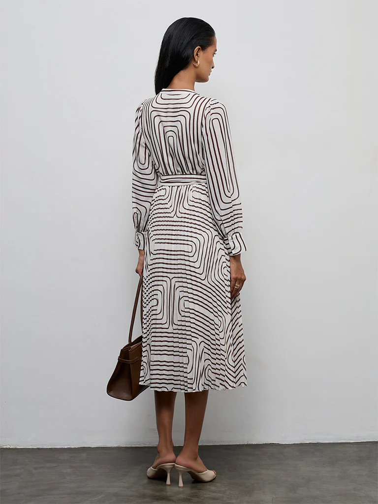 Wardrobe Ivory Geometric Printed A-Line Dress with Belt - Image 4