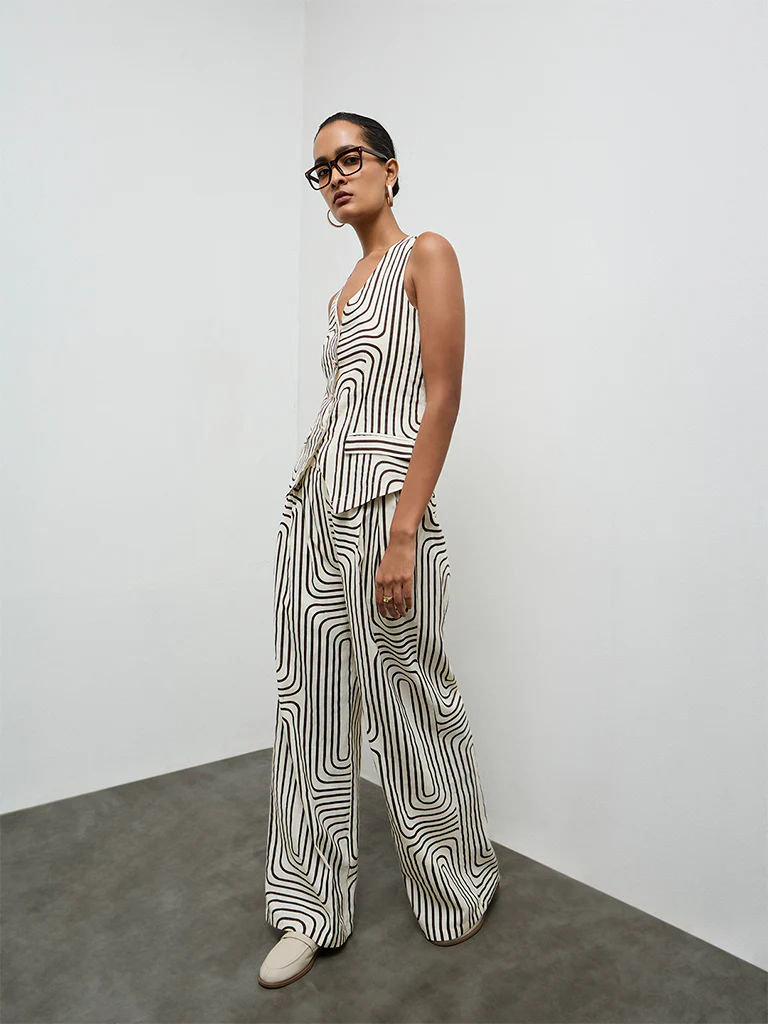 Wardrobe Ivory Printed High-Rise Cotton-Blend Trousers