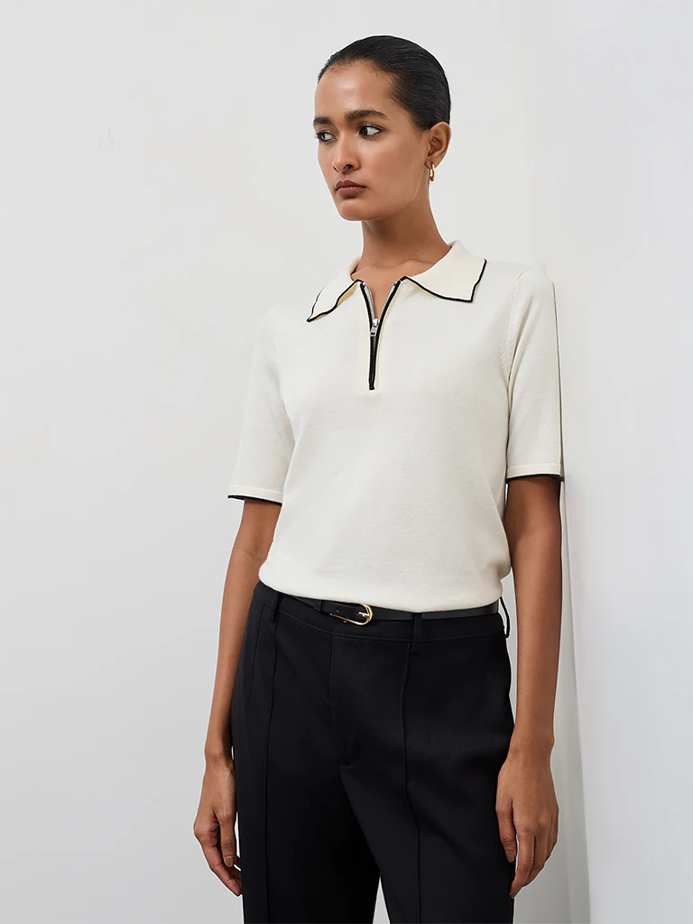 Wardrobe Ivory Solid Quarter-Zip Top
