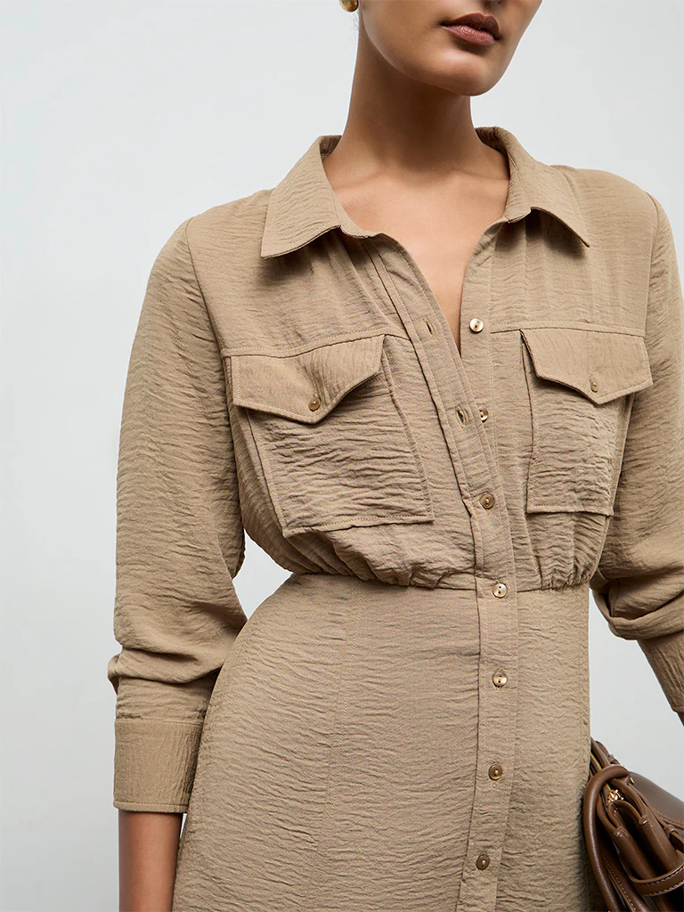 Wardrobe Khaki Crinkle-Textured Shirt Dress - Image 3
