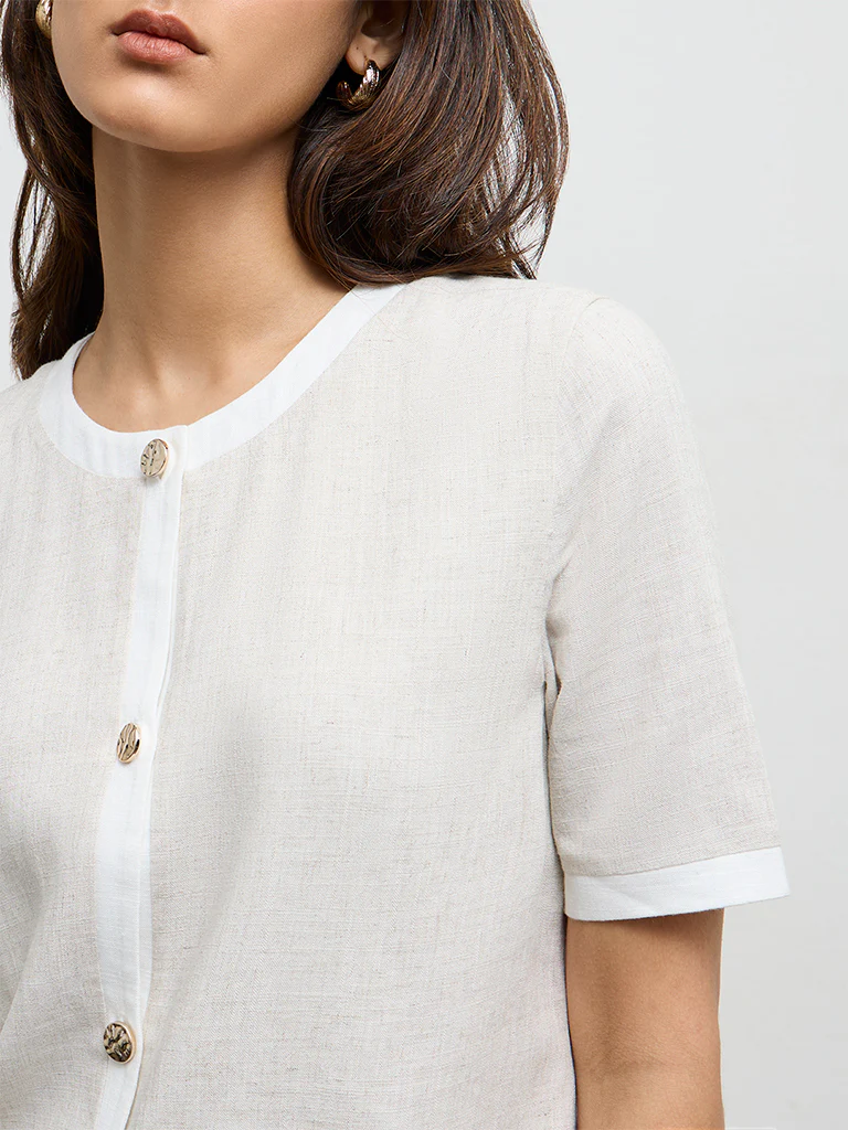 Wardrobe Light Beige Contrast-Detailed Cotton Blouse - Image 3