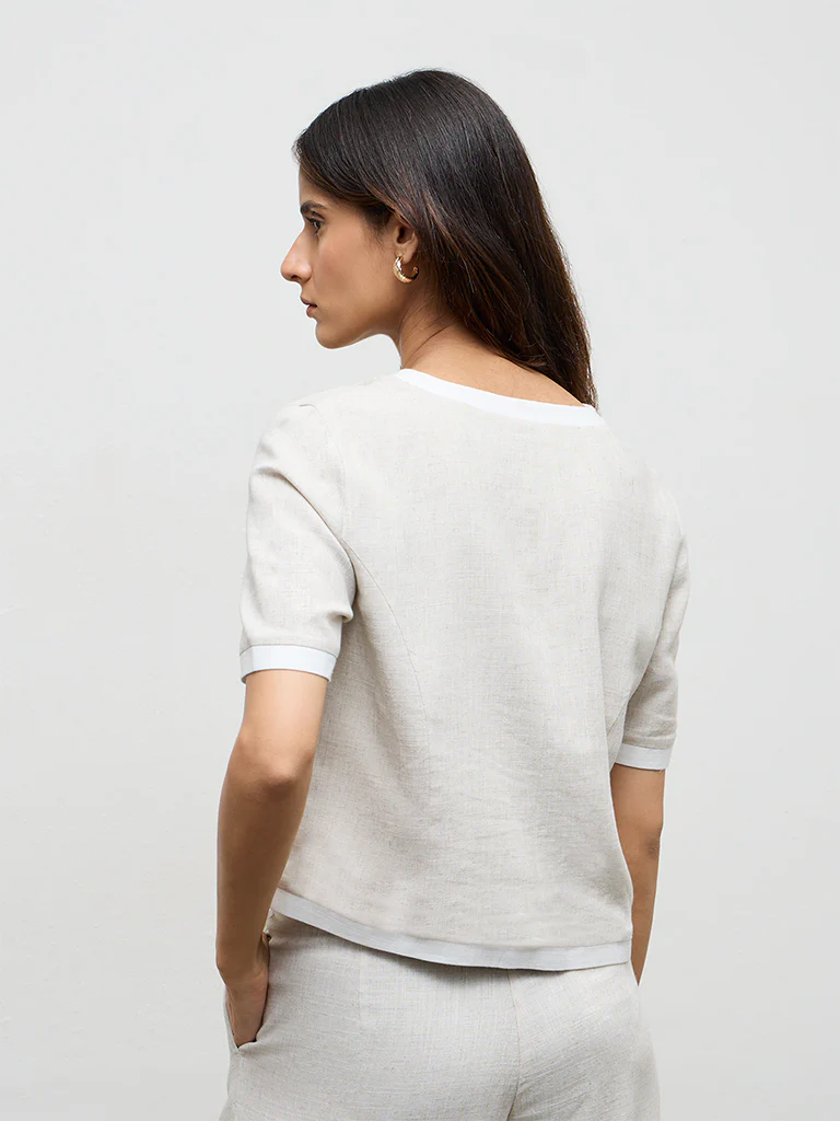 Wardrobe Light Beige Contrast-Detailed Cotton Blouse - Image 4