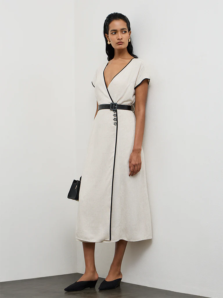 Wardrobe Light Beige Cotton Wrap-Style Dress