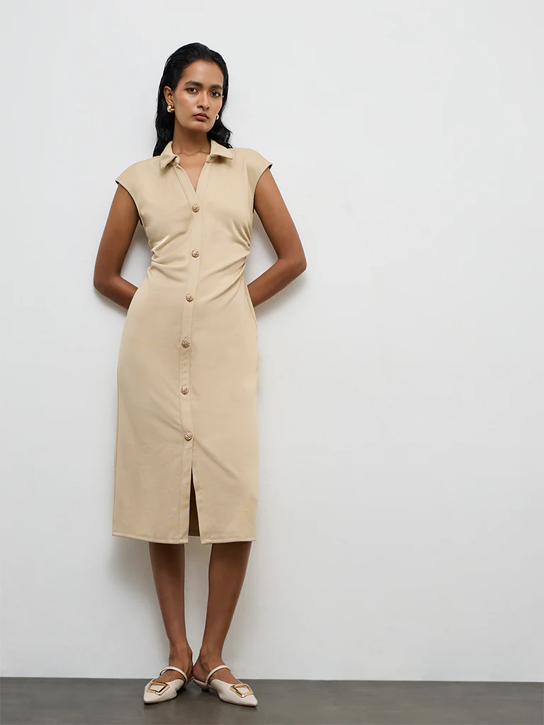 Wardrobe Light Beige Ruched A-Line Dress