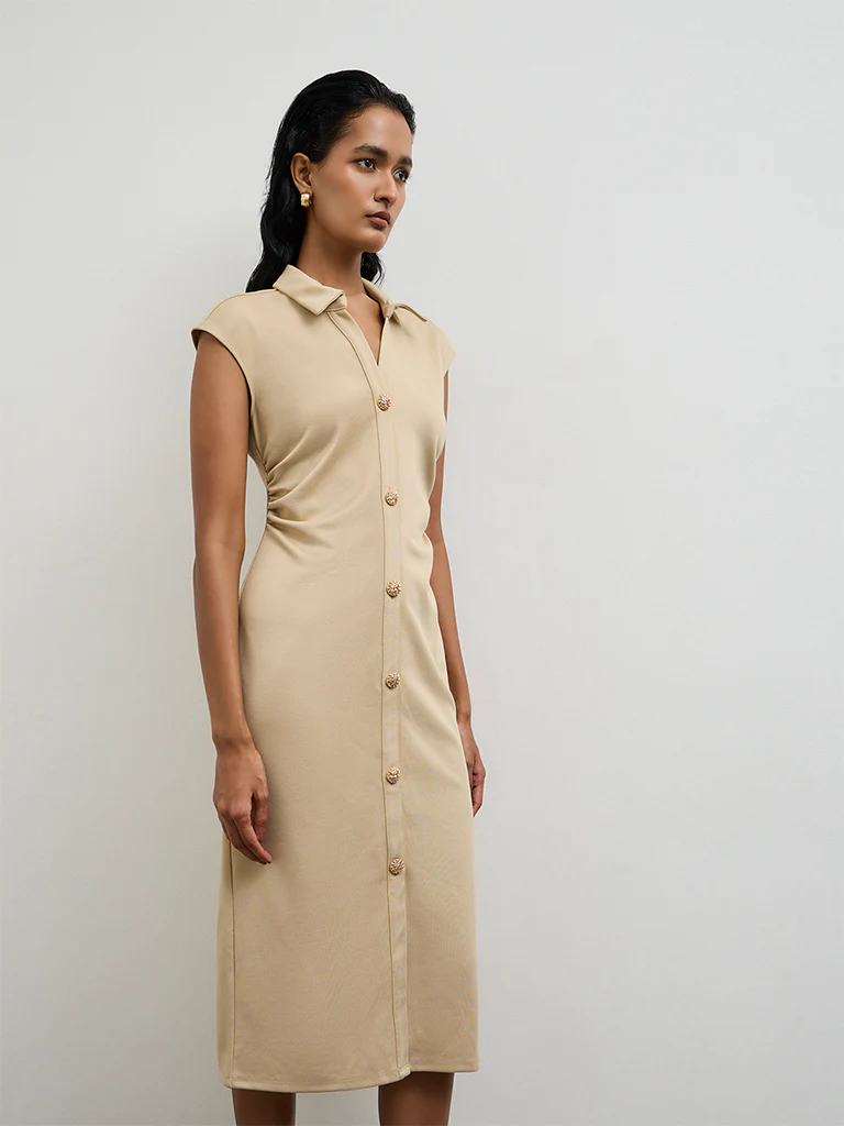 Wardrobe Light Beige Ruched A-Line Dress - Image 2