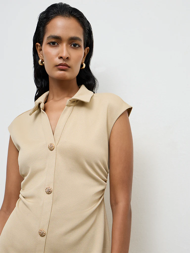 Wardrobe Light Beige Ruched A-Line Dress - Image 3