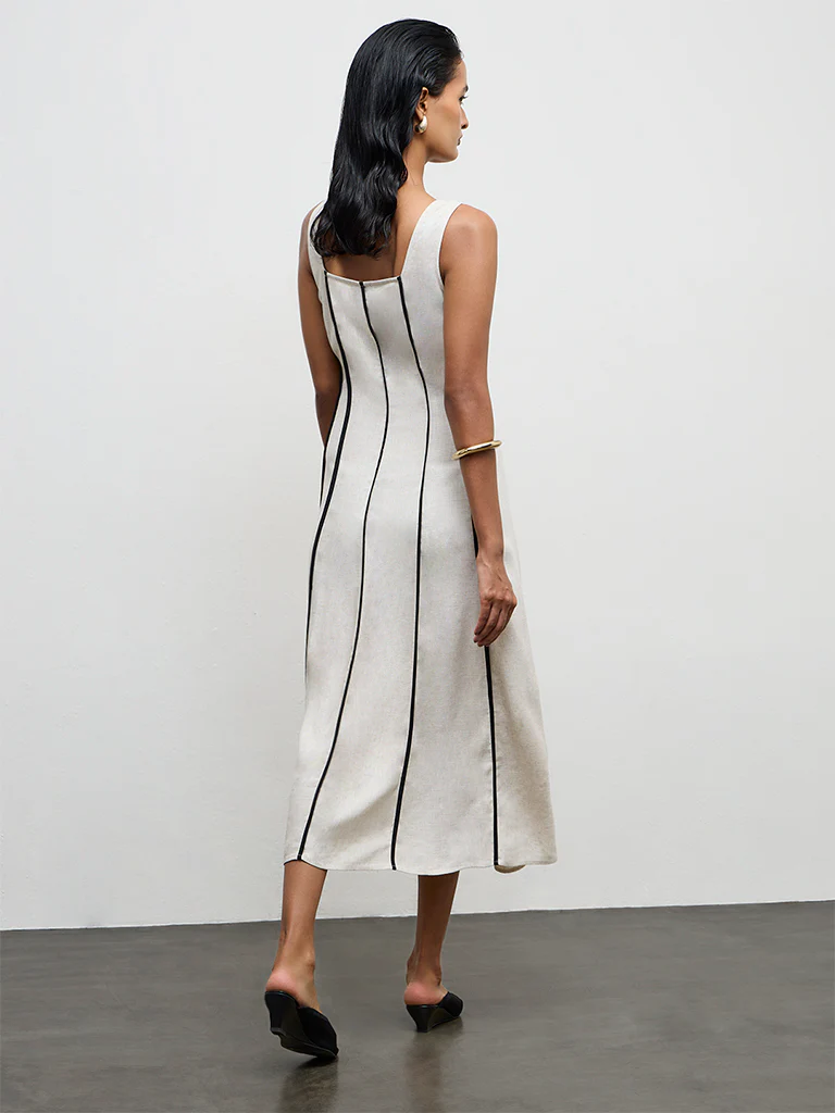 Wardrobe Light Beige Striped A-Line Dress - Image 4
