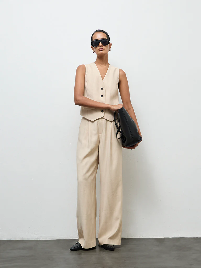 Wardrobe Light Beige Striped High-Rise Trousers