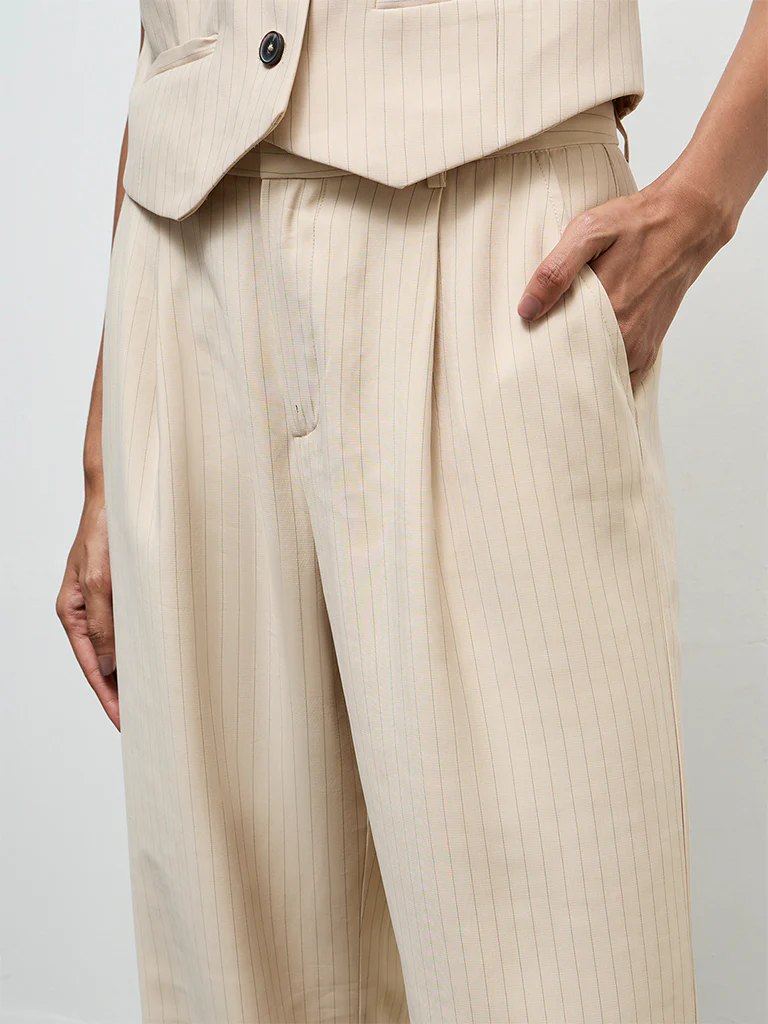 Wardrobe Light Beige Striped High-Rise Trousers - Image 3